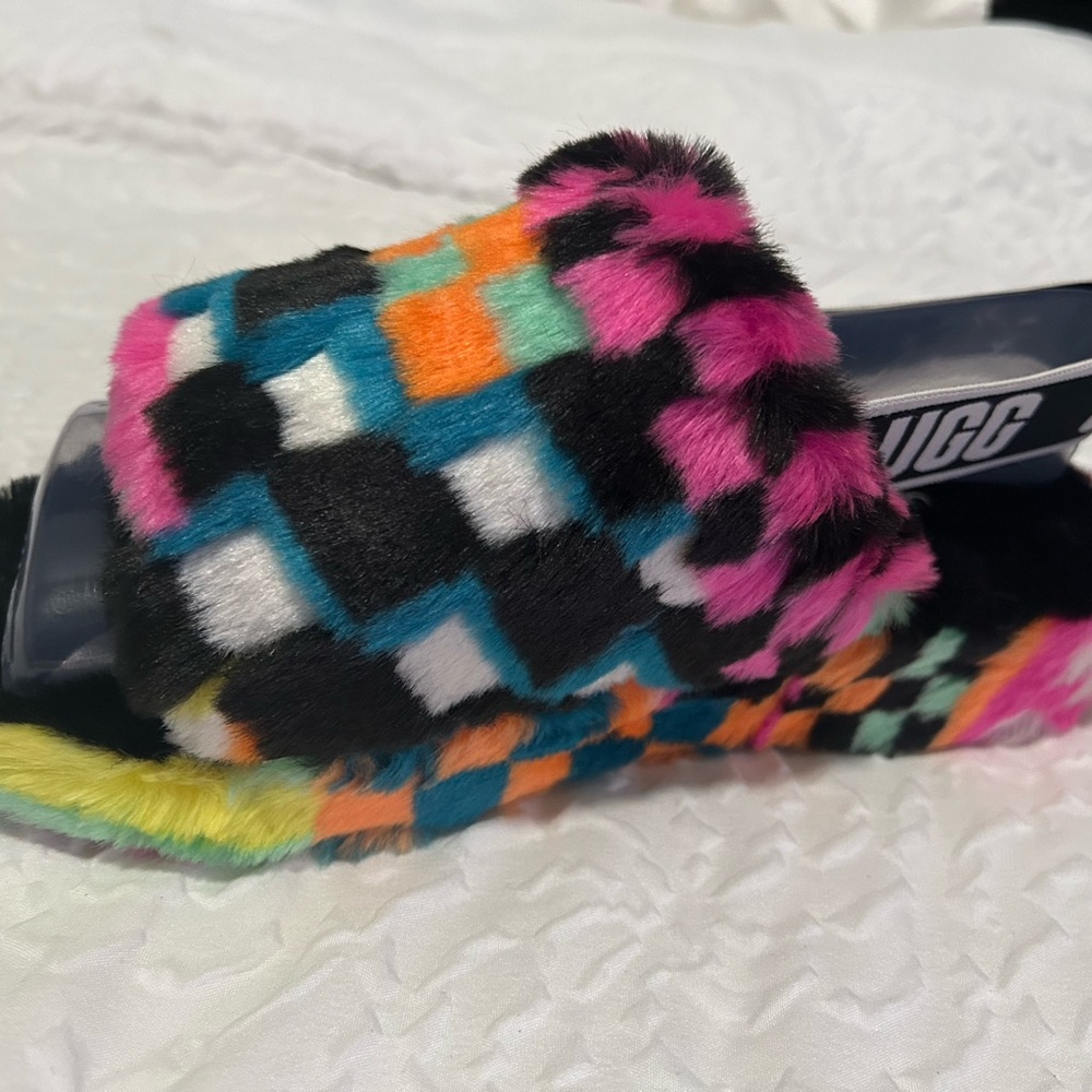 Ugg Fluff Yeah Slide Checks Multicolor Slippers Size 7 NIB